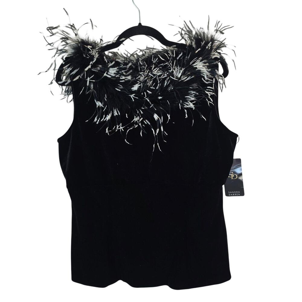 Sandra Darren Camisole Top Womens 14 Black Velvet Feather Off Shoulder
